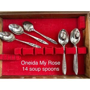 Oneida Community My Rose Stainless Soup Spoons Set of 14 Round Bowl Floral MCM